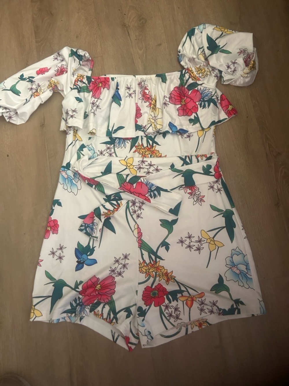 White Floral Off-Shoulder Romper with Tie Waist